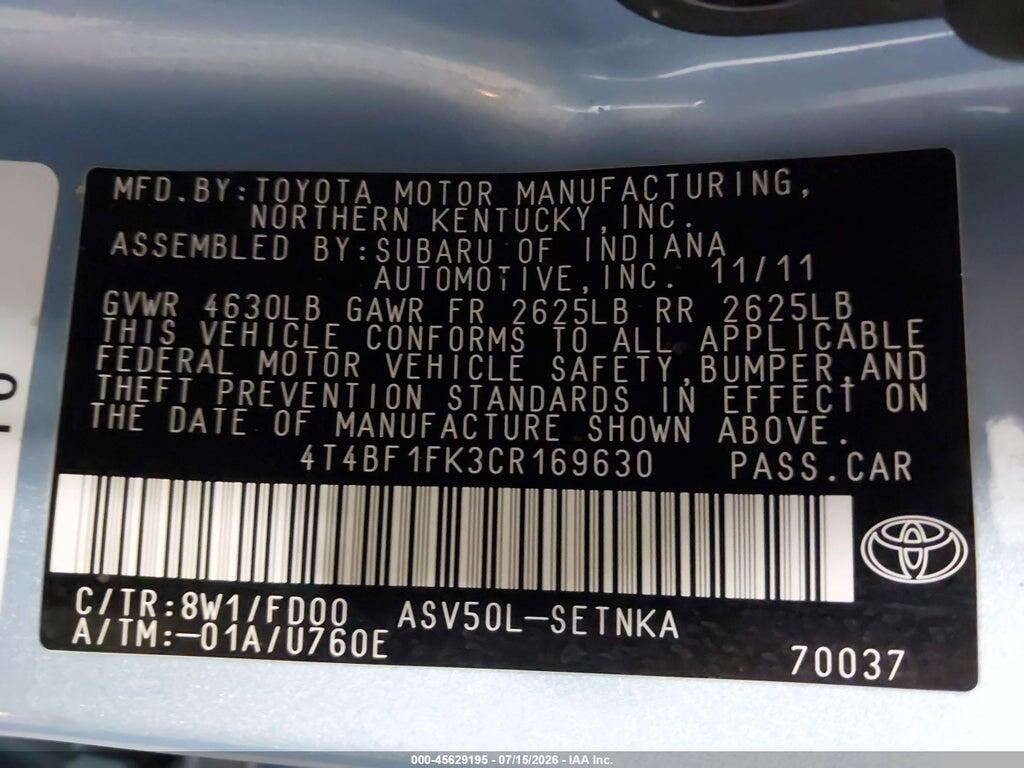 4T4BF1FK3CR169630 2012 TOYOTA CAMRY photo no. 9