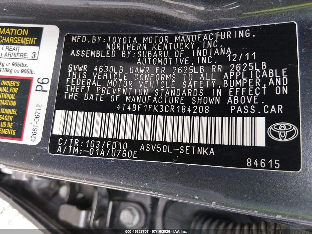 4T4BF1FK3CR184208 2012 TOYOTA CAMRY photo no. 9