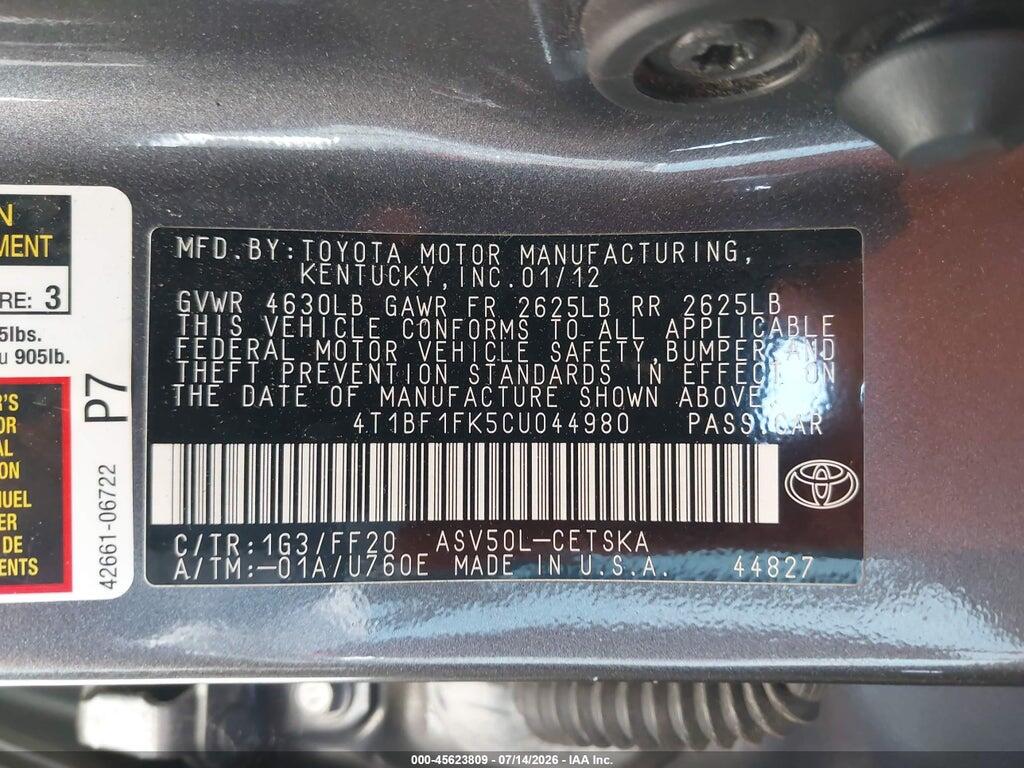 4T1BF1FK5CU044980 2012 TOYOTA CAMRY photo no. 9