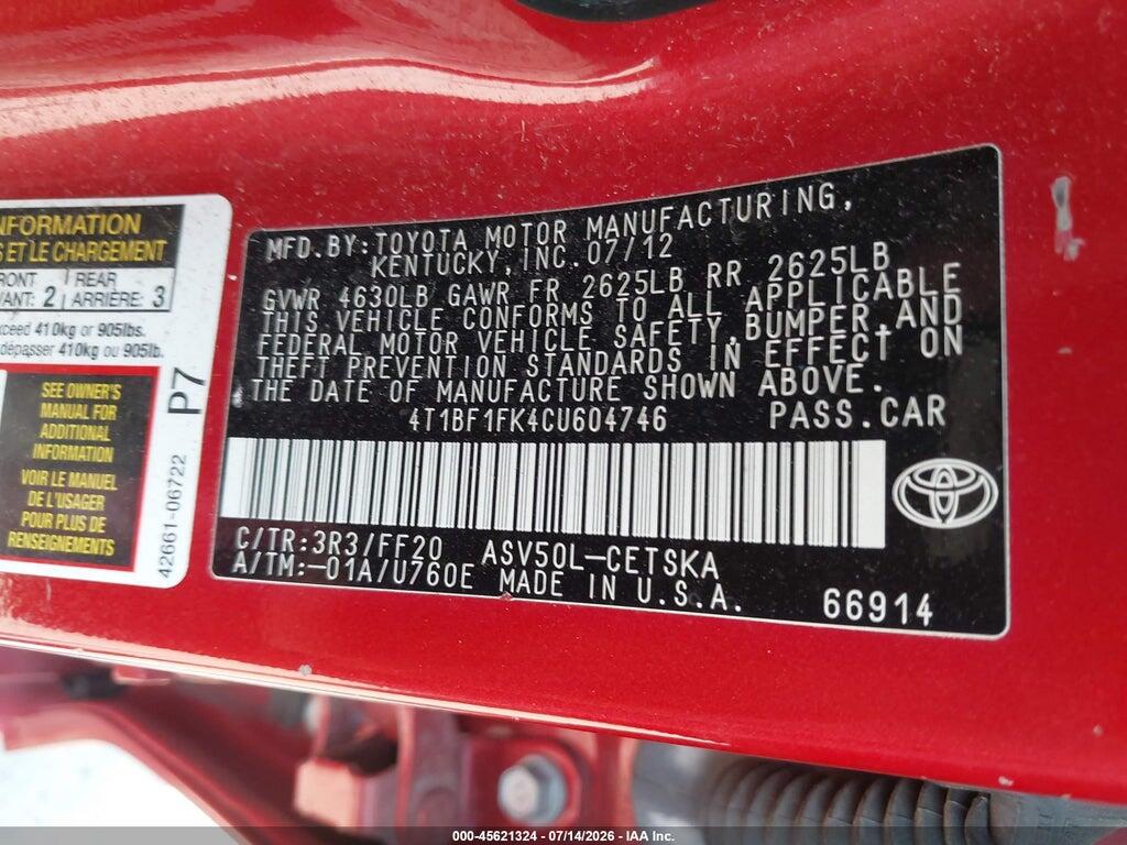 4T1BF1FK4CU604746 2012 TOYOTA CAMRY photo no. 9