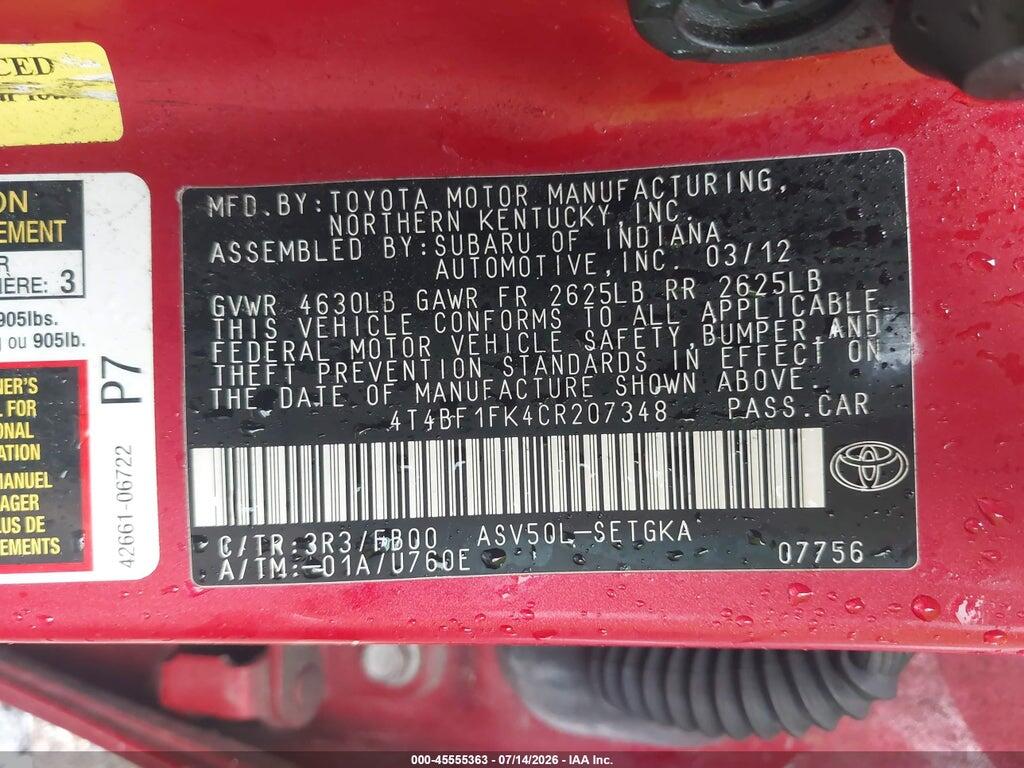 4T4BF1FK4CR207348 2012 TOYOTA CAMRY photo no. 9