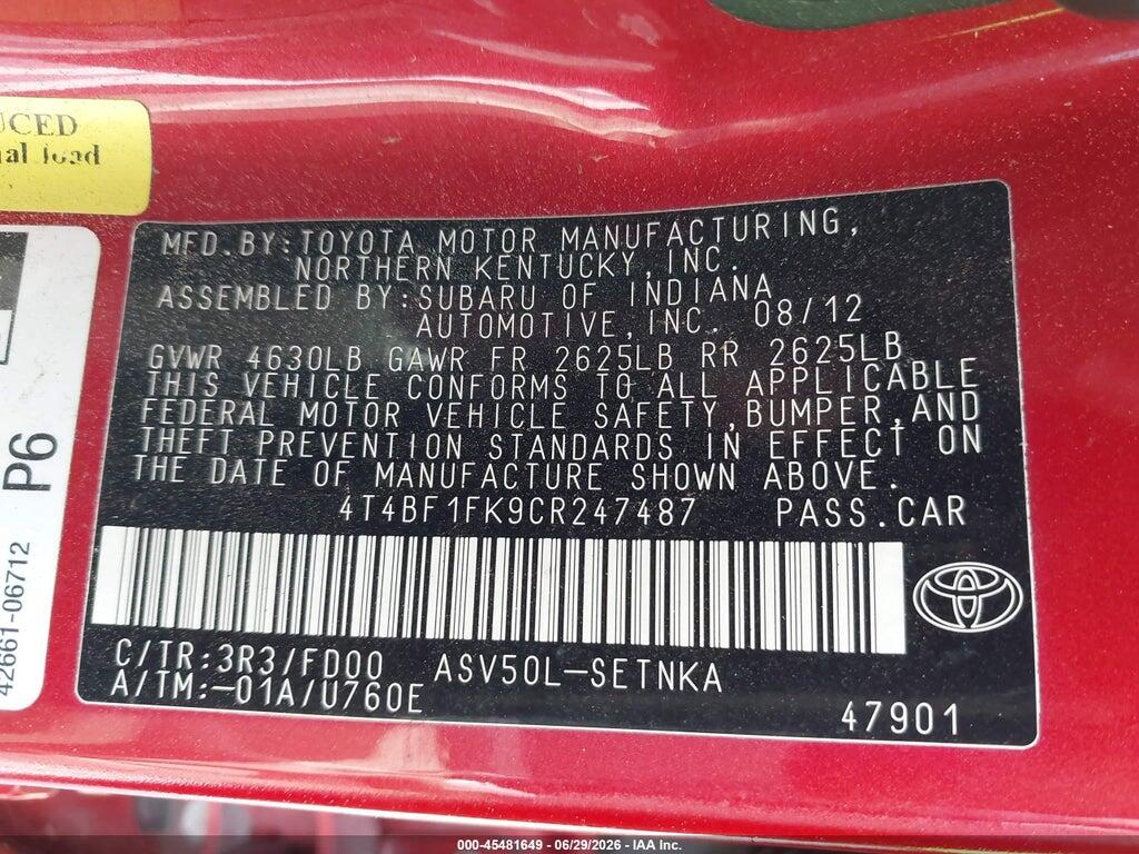 4T4BF1FK9CR247487 2012 TOYOTA CAMRY photo no. 9