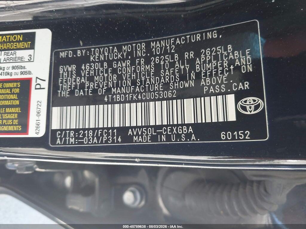 4T1BD1FK4CU053062 2012 TOYOTA CAMRY HYBRID photo no. 9