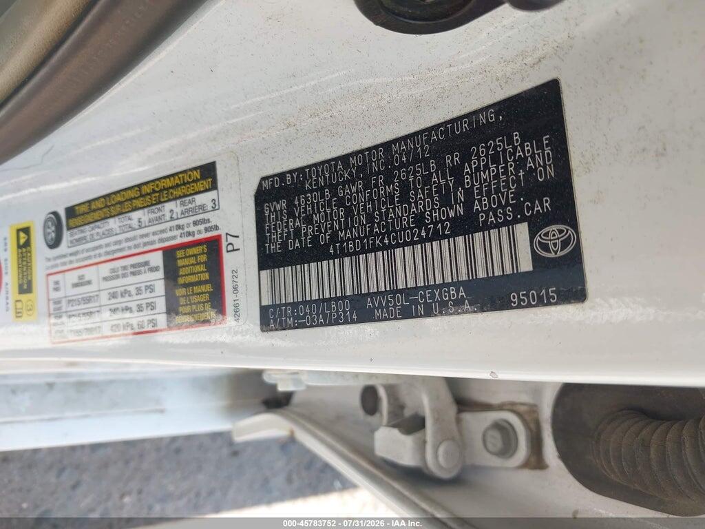 4T1BD1FK4CU024712 2012 TOYOTA CAMRY HYBRID photo no. 9