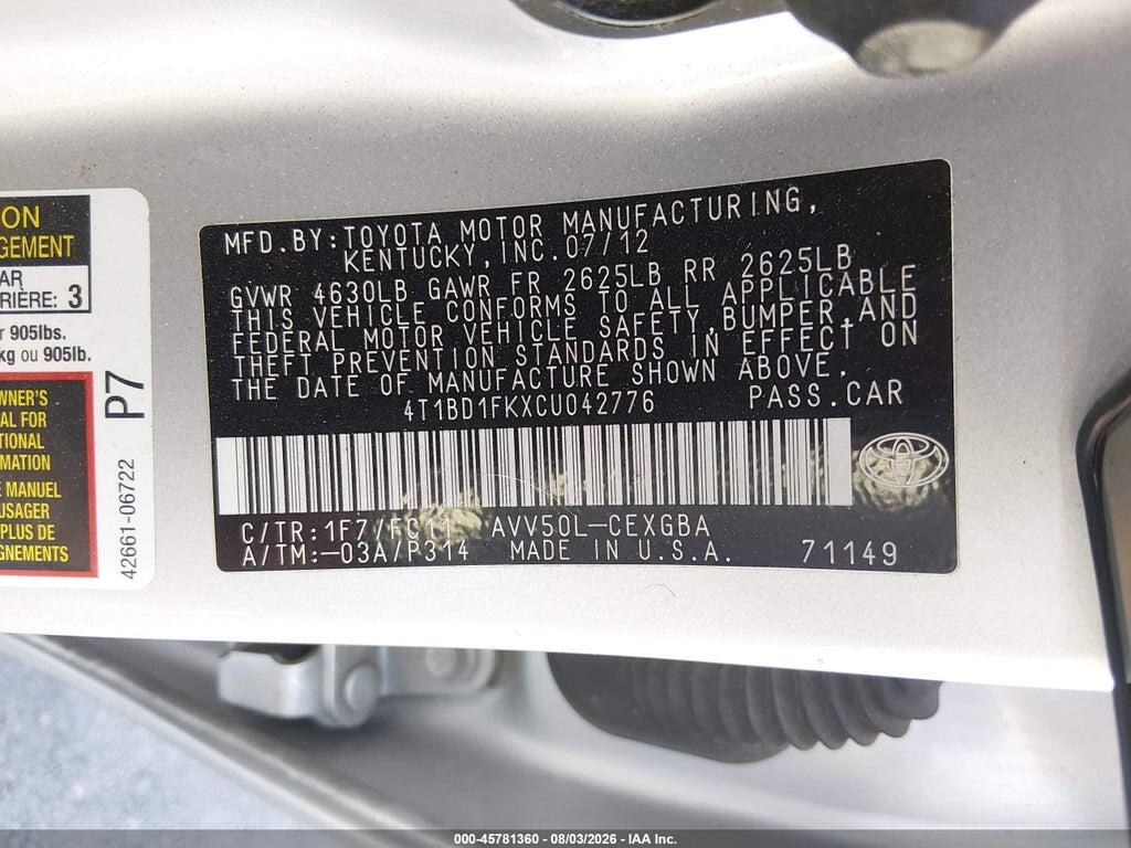 4T1BD1FKXCU042776 2012 TOYOTA CAMRY HYBRID photo no. 9