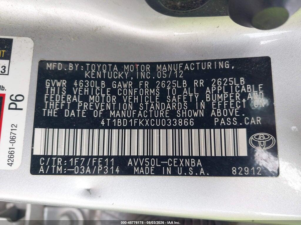 2012 TOYOTA CAMRY HYBRID LE — Фото 9 из 16