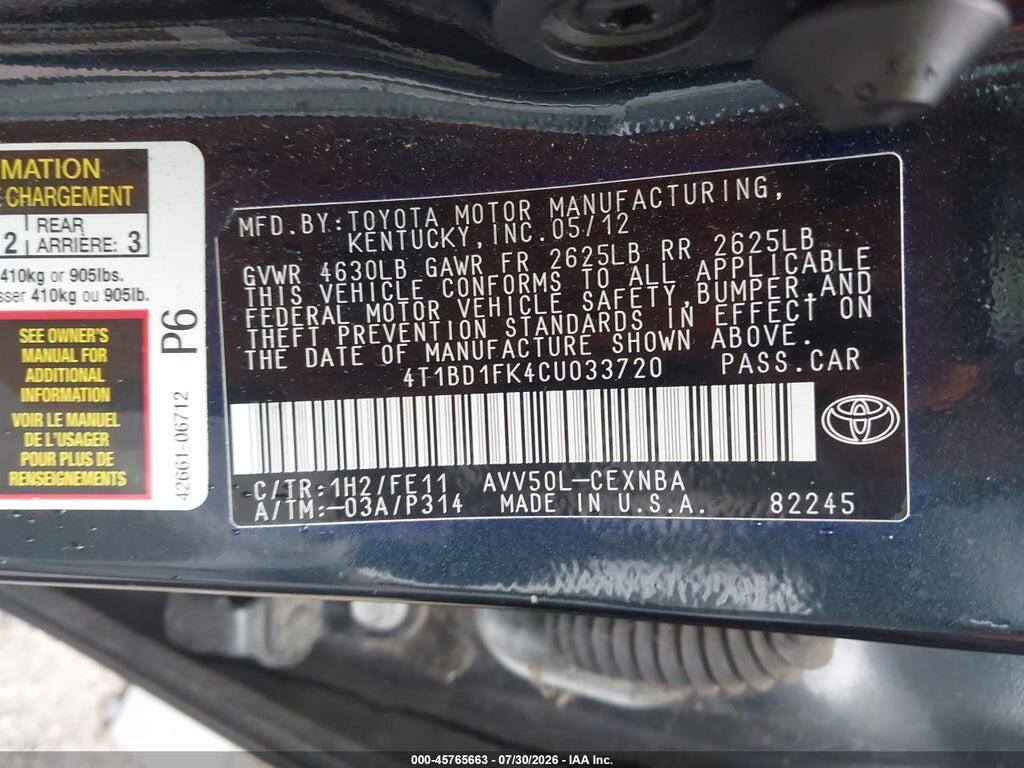 4T1BD1FK4CU033720 2012 TOYOTA CAMRY HYBRID photo no. 9