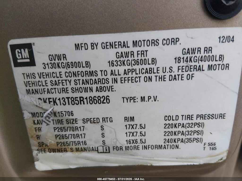 1GKEK13T85R186826 2005 GMC YUKON photo no. 9