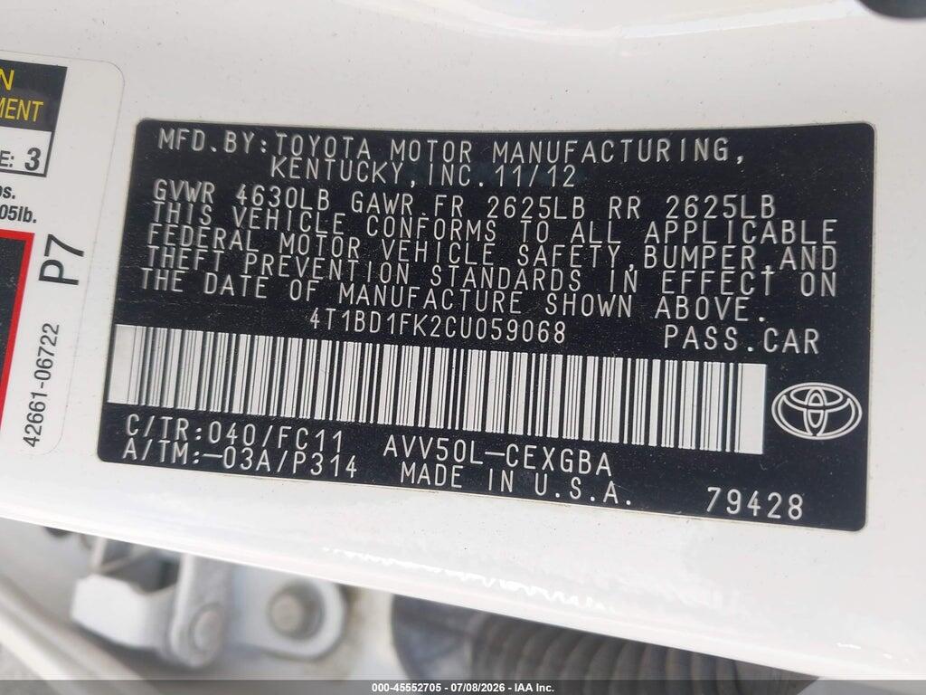 4T1BD1FK2CU059068 2012 TOYOTA CAMRY HYBRID photo no. 9