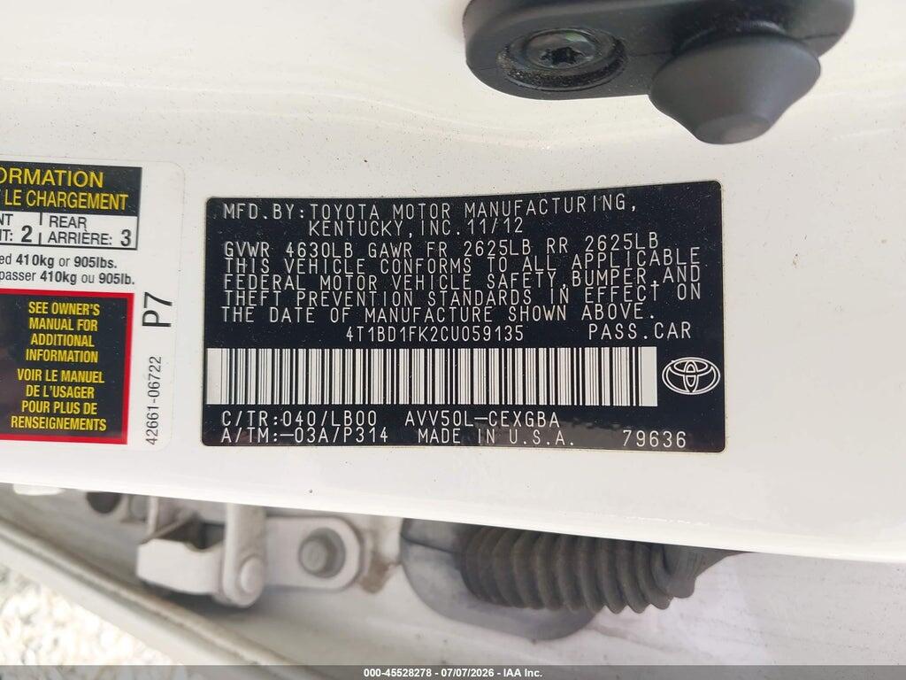 4T1BD1FK2CU059135 2012 TOYOTA CAMRY HYBRID photo no. 9