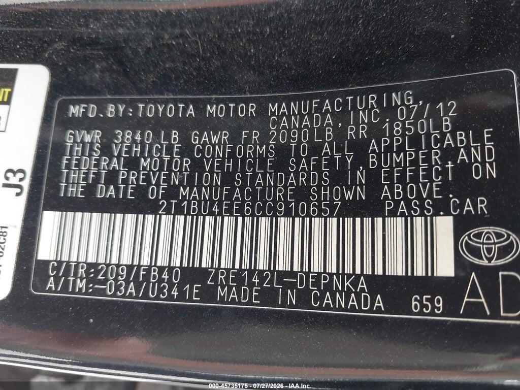 2T1BU4EE6CC910657 2012 TOYOTA COROLLA photo no. 9