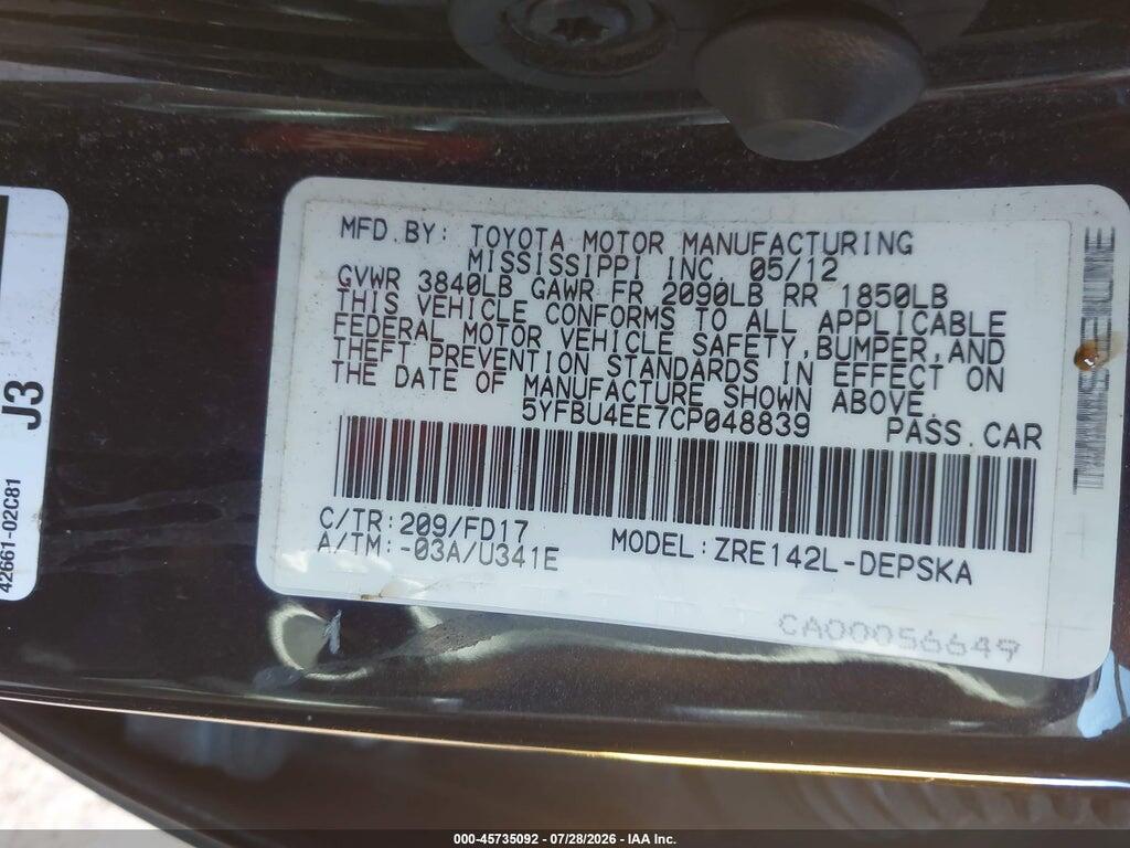 5YFBU4EE7CP048839 2012 TOYOTA COROLLA photo no. 9
