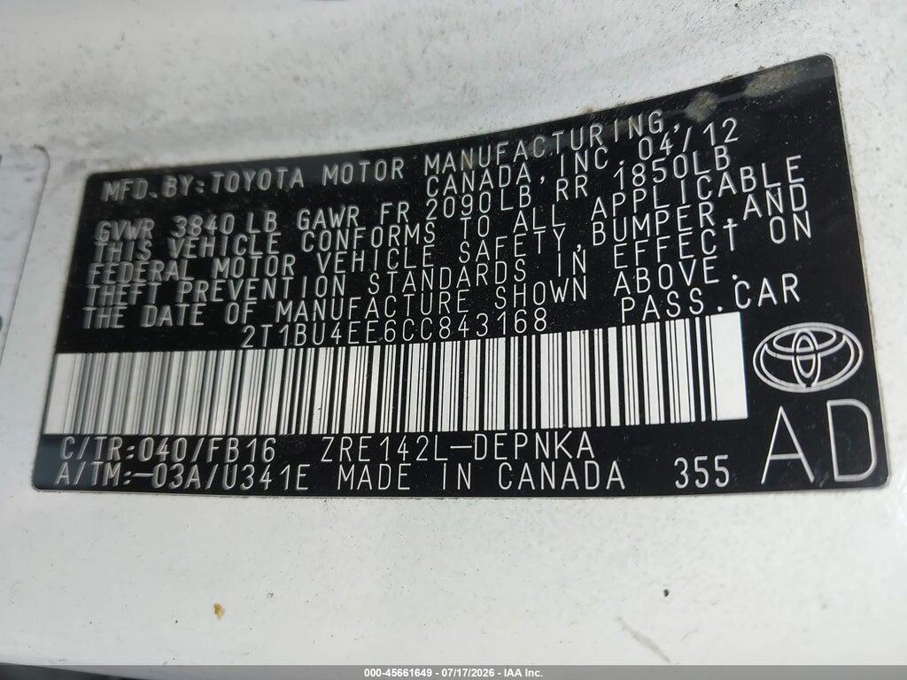 2T1BU4EE6CC843168 2012 TOYOTA COROLLA photo no. 9