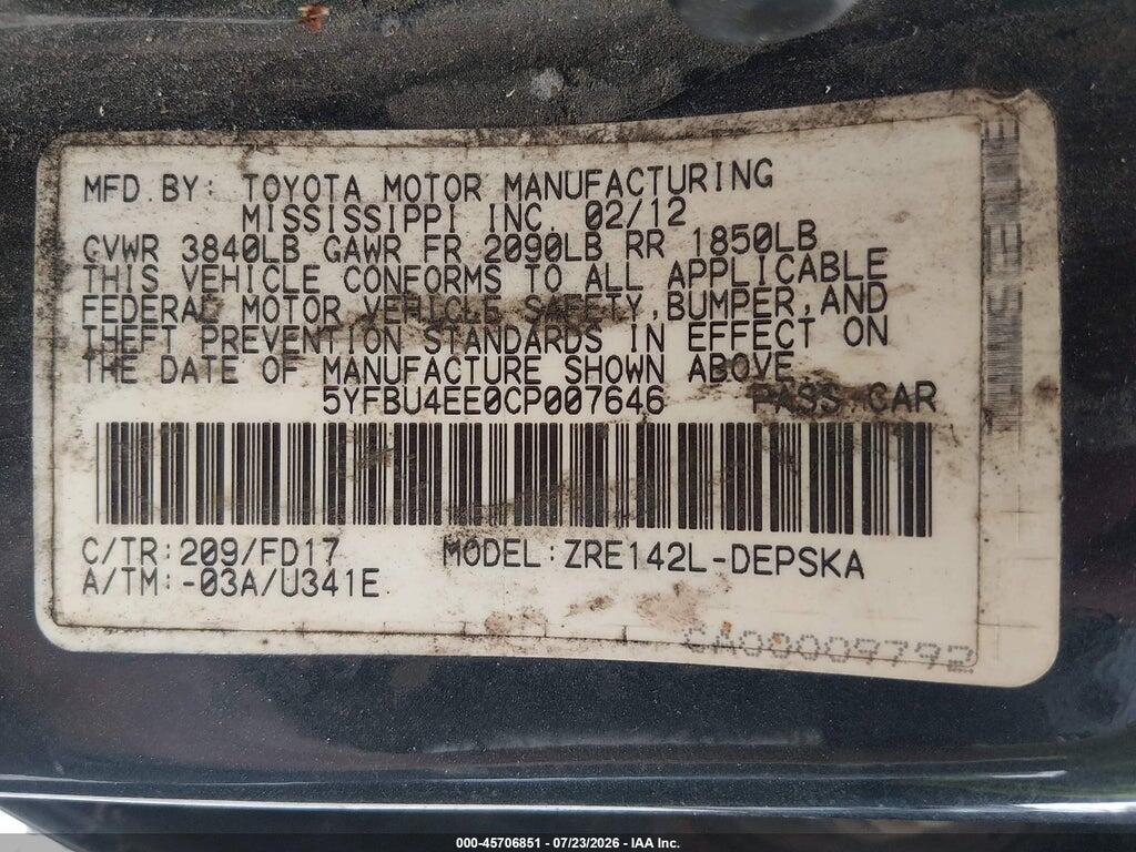 5YFBU4EE0CP007646 2012 TOYOTA COROLLA photo no. 9