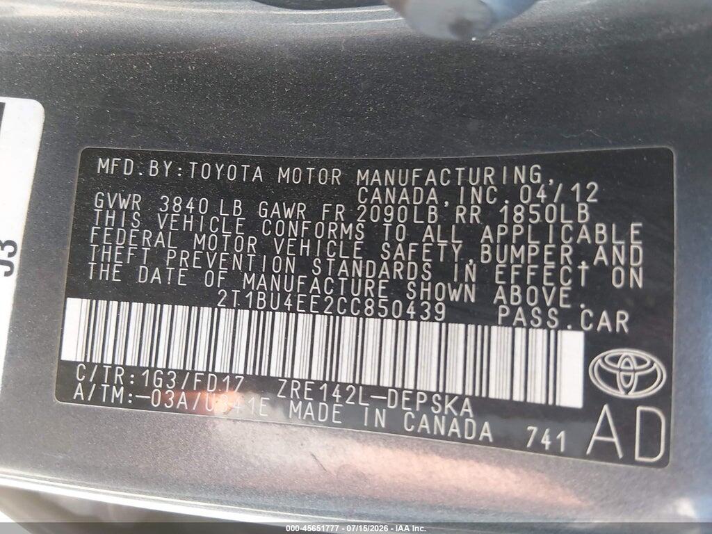 2T1BU4EE2CC850439 2012 TOYOTA COROLLA photo no. 9