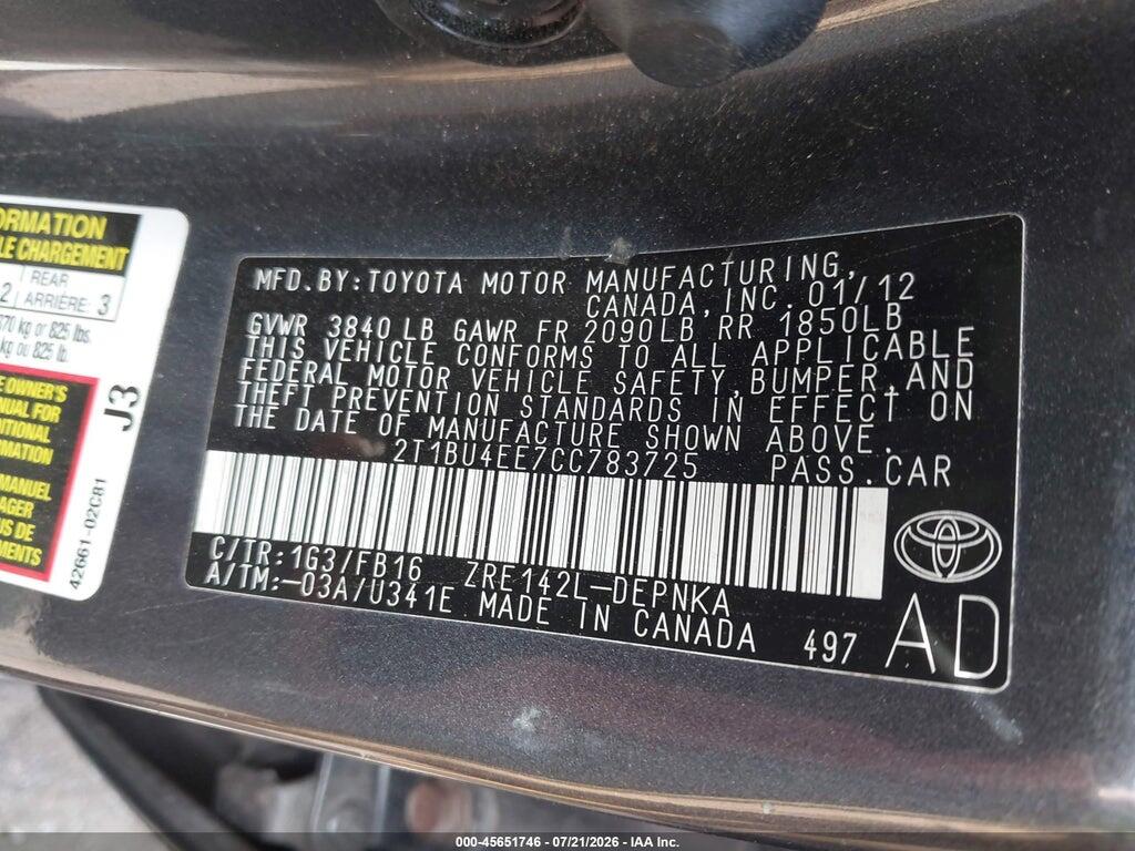 2T1BU4EE7CC783725 2012 TOYOTA COROLLA photo no. 9