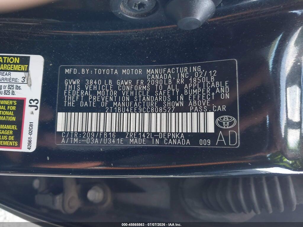 2T1BU4EE9CC808527 2012 TOYOTA COROLLA photo no. 9