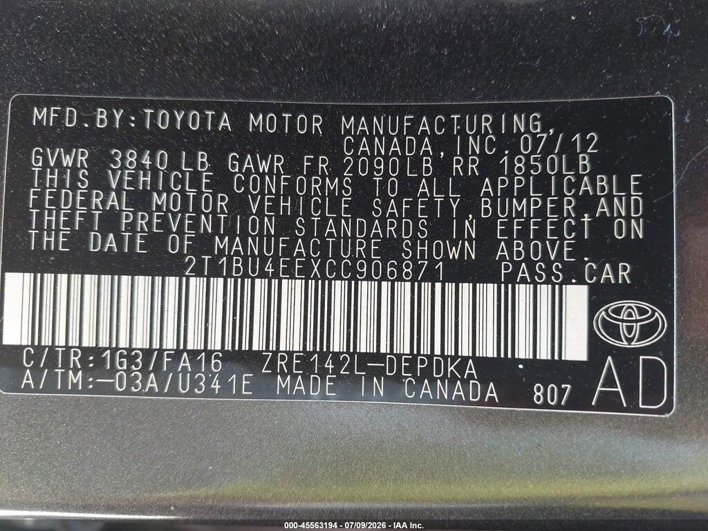 2T1BU4EEXCC906871 2012 TOYOTA COROLLA photo no. 9