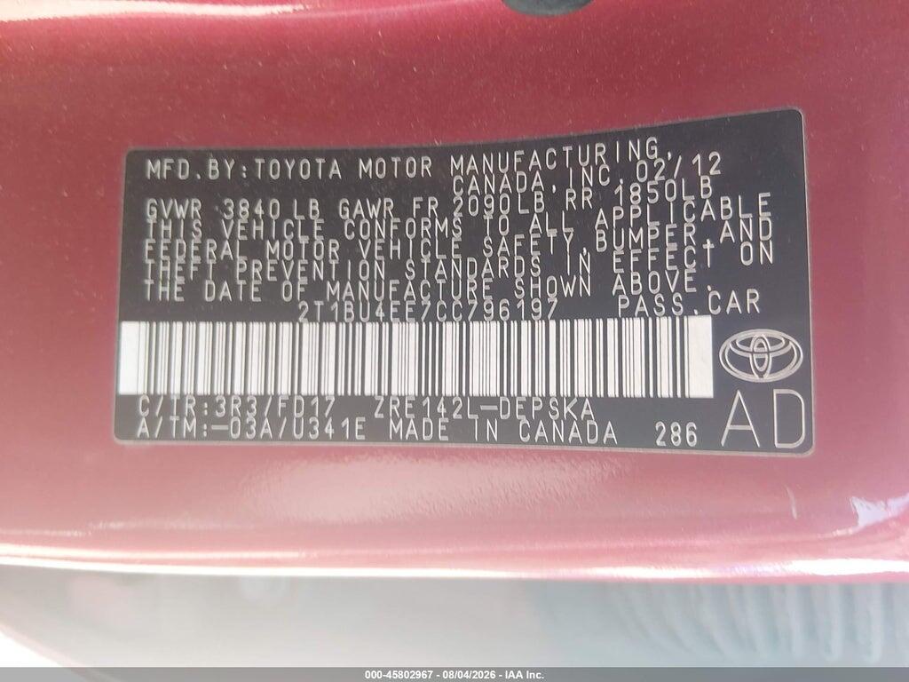 2T1BU4EE7CC796197 2012 TOYOTA COROLLA photo no. 9