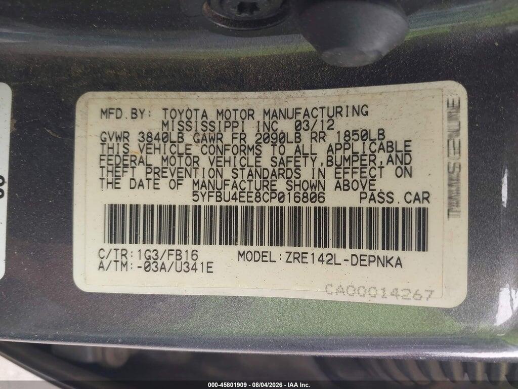 5YFBU4EE8CP016806 2012 TOYOTA COROLLA photo no. 9