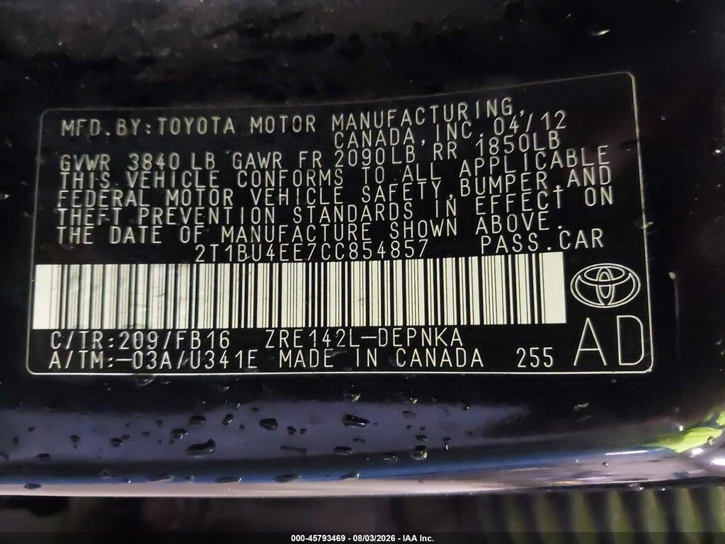 2T1BU4EE7CC854857 2012 TOYOTA COROLLA photo no. 9