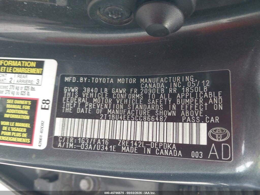 2T1BU4EE5CC866487 2012 TOYOTA COROLLA photo no. 9