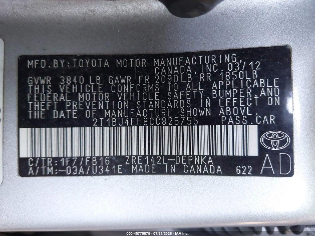 2T1BU4EE8CC825755 2012 TOYOTA COROLLA photo no. 9