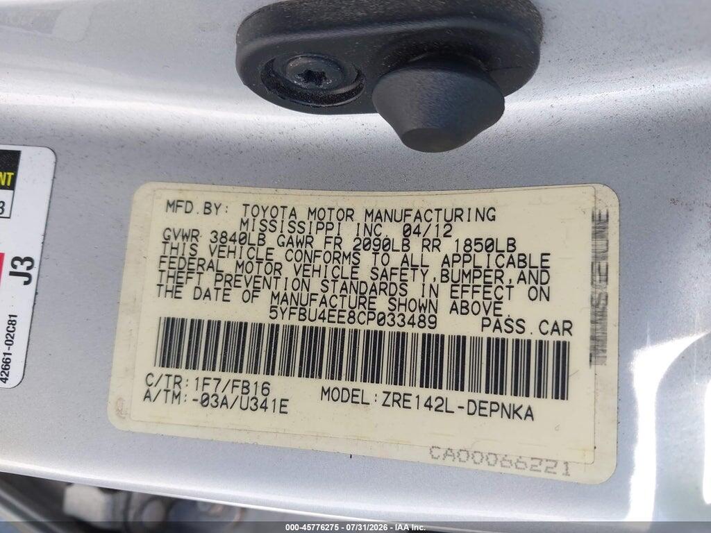 5YFBU4EE8CP033489 2012 TOYOTA COROLLA photo no. 9