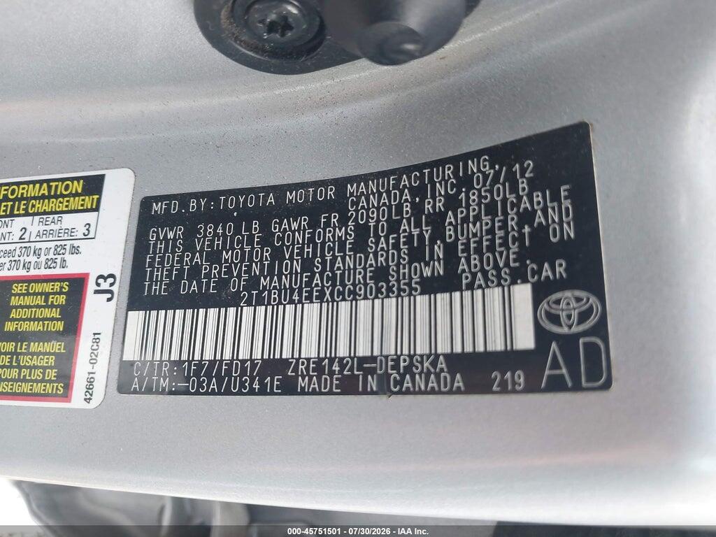 2T1BU4EEXCC903355 2012 TOYOTA COROLLA photo no. 9