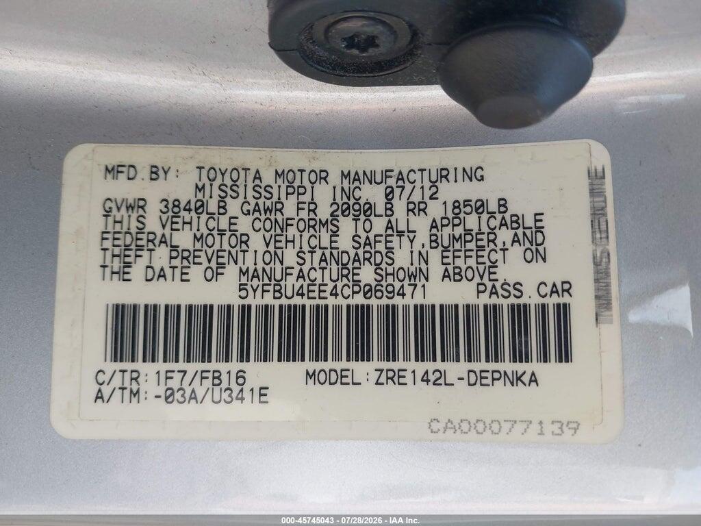 5YFBU4EE4CP069471 2012 TOYOTA COROLLA photo no. 9