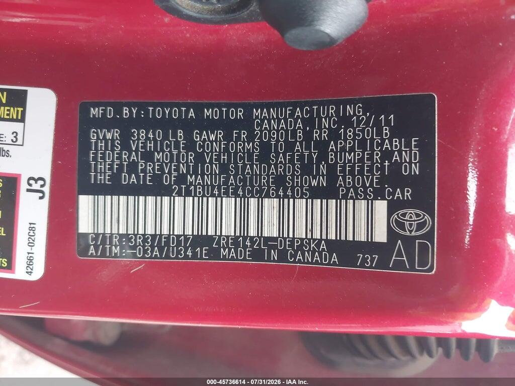 2T1BU4EE4CC764405 2012 TOYOTA COROLLA photo no. 9