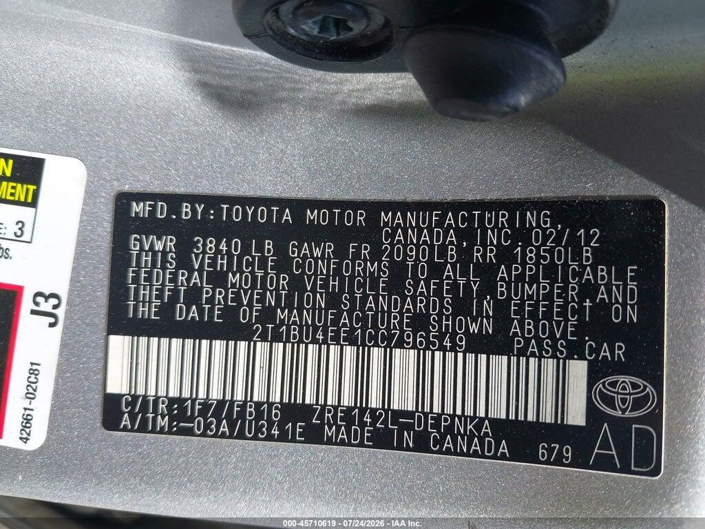 2T1BU4EE1CC796549 2012 TOYOTA COROLLA photo no. 9