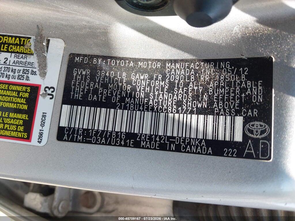 2T1BU4EEXCC861771 2012 TOYOTA COROLLA photo no. 9