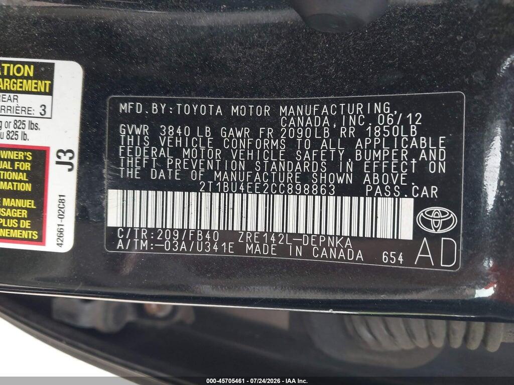 2T1BU4EE2CC898863 2012 TOYOTA COROLLA photo no. 9
