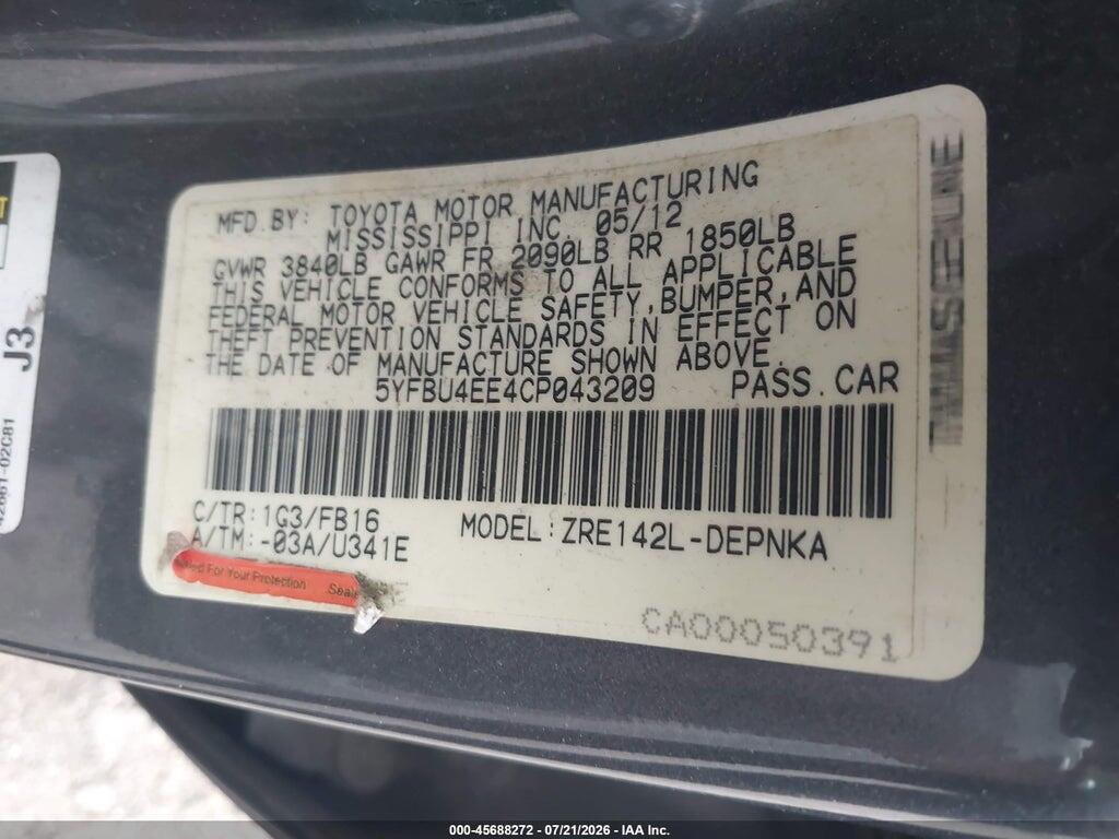 5YFBU4EE4CP043209 2012 TOYOTA COROLLA photo no. 9