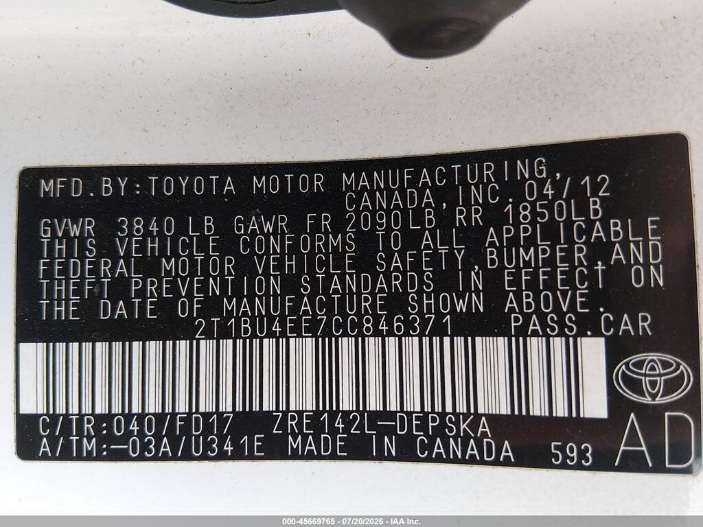 2T1BU4EE7CC846371 2012 TOYOTA COROLLA photo no. 9