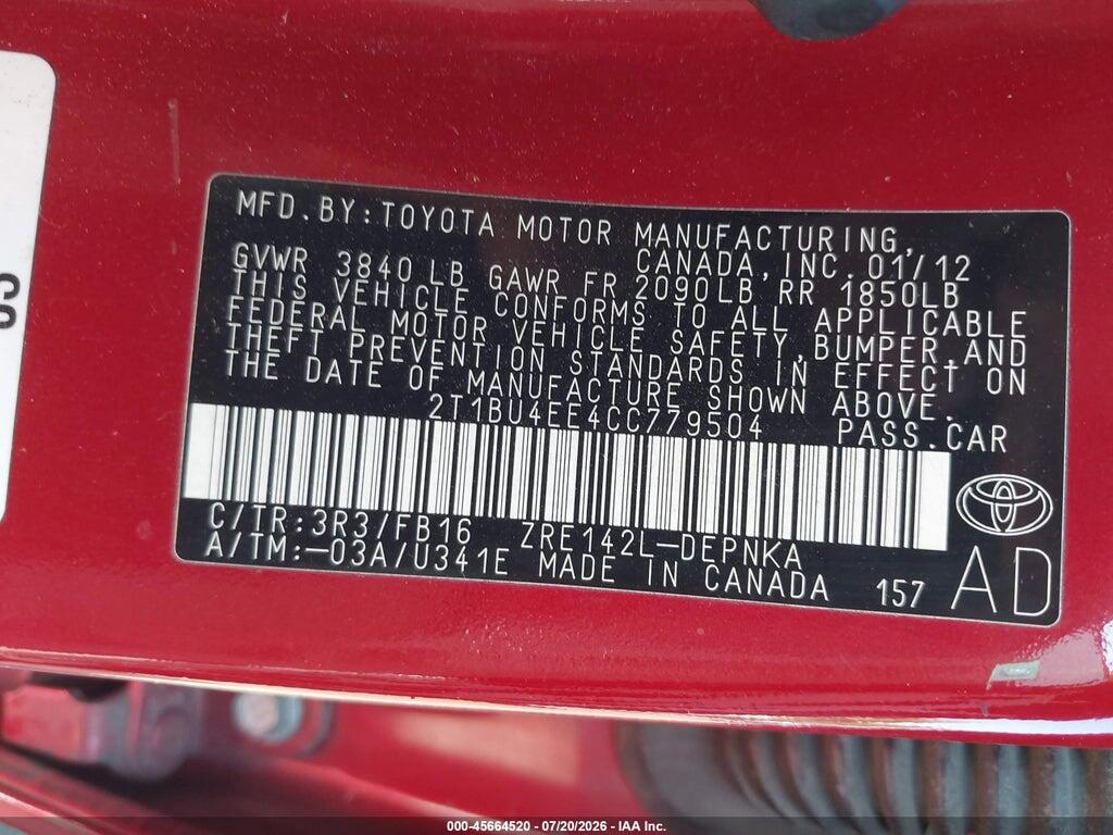 2T1BU4EE4CC779504 2012 TOYOTA COROLLA photo no. 9