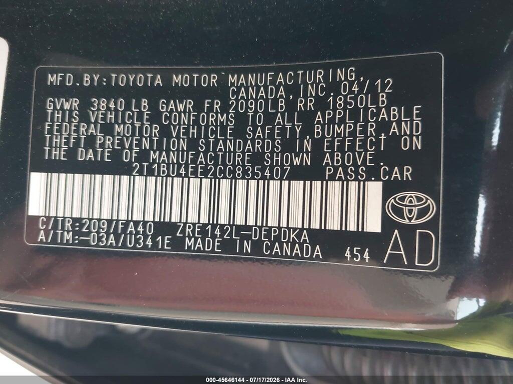 2T1BU4EE2CC835407 2012 TOYOTA COROLLA photo no. 9