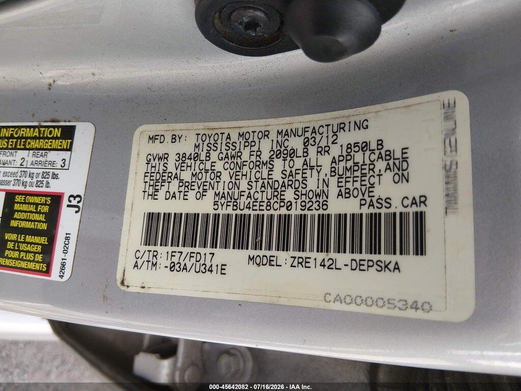 5YFBU4EE8CP019236 2012 TOYOTA COROLLA photo no. 9