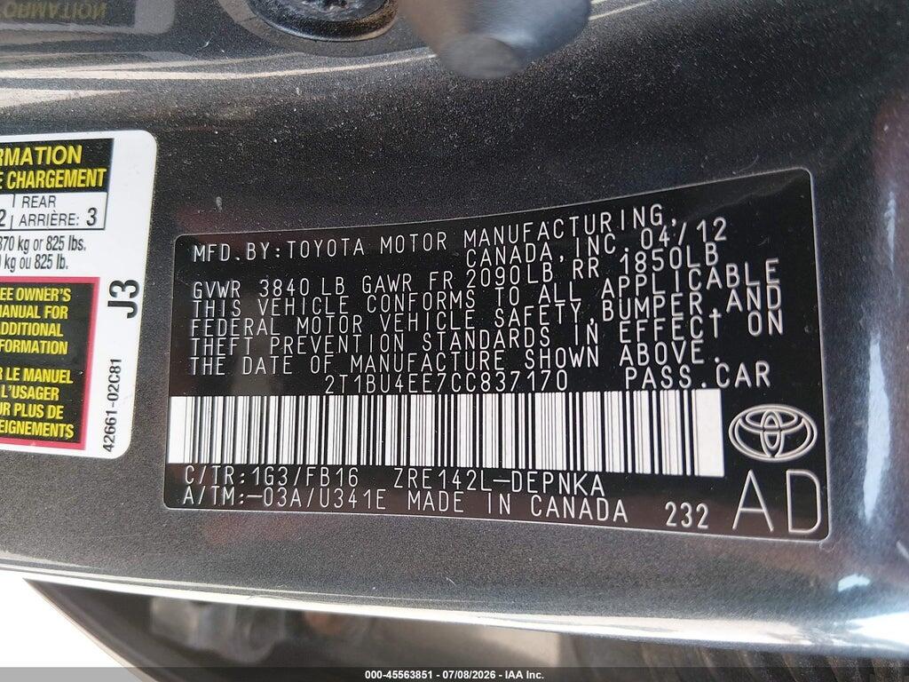 2T1BU4EE7CC837170 2012 TOYOTA COROLLA photo no. 9