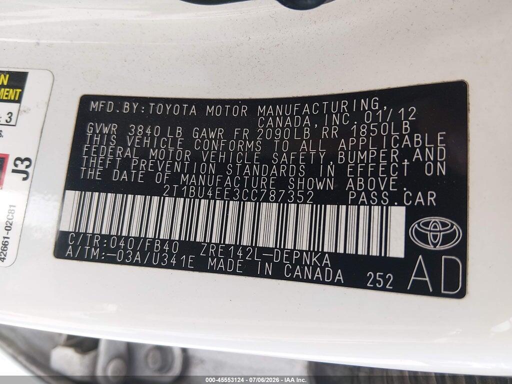 2T1BU4EE3CC787352 2012 TOYOTA COROLLA photo no. 9