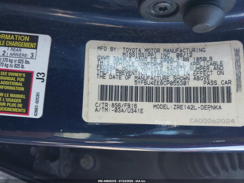 5YFBU4EE8CP055301 2012 TOYOTA COROLLA photo no. 9