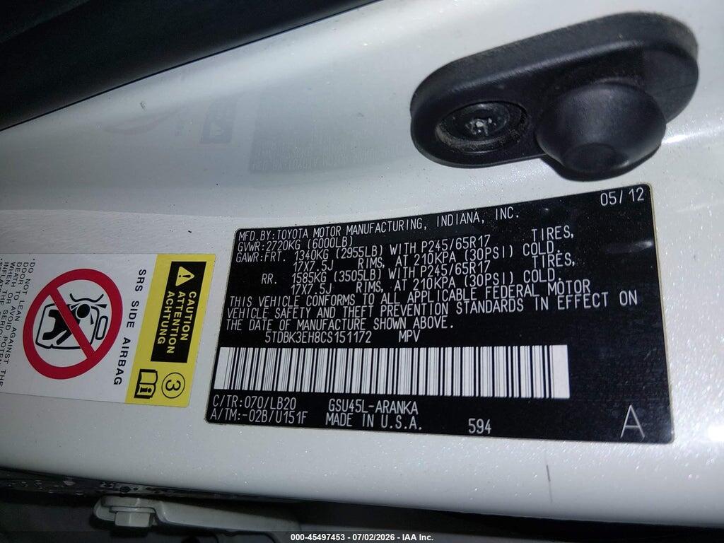5TDBK3EH8CS151172 2012 TOYOTA HIGHLANDER photo no. 9