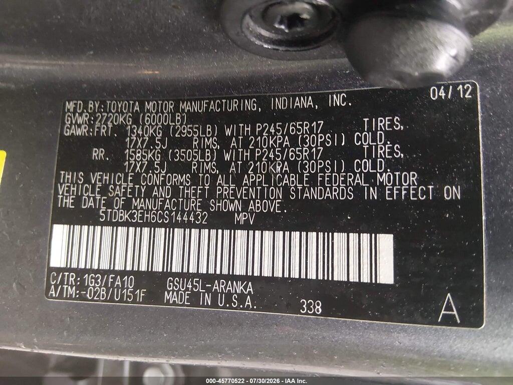 5TDBK3EH6CS144432 2012 TOYOTA HIGHLANDER photo no. 9