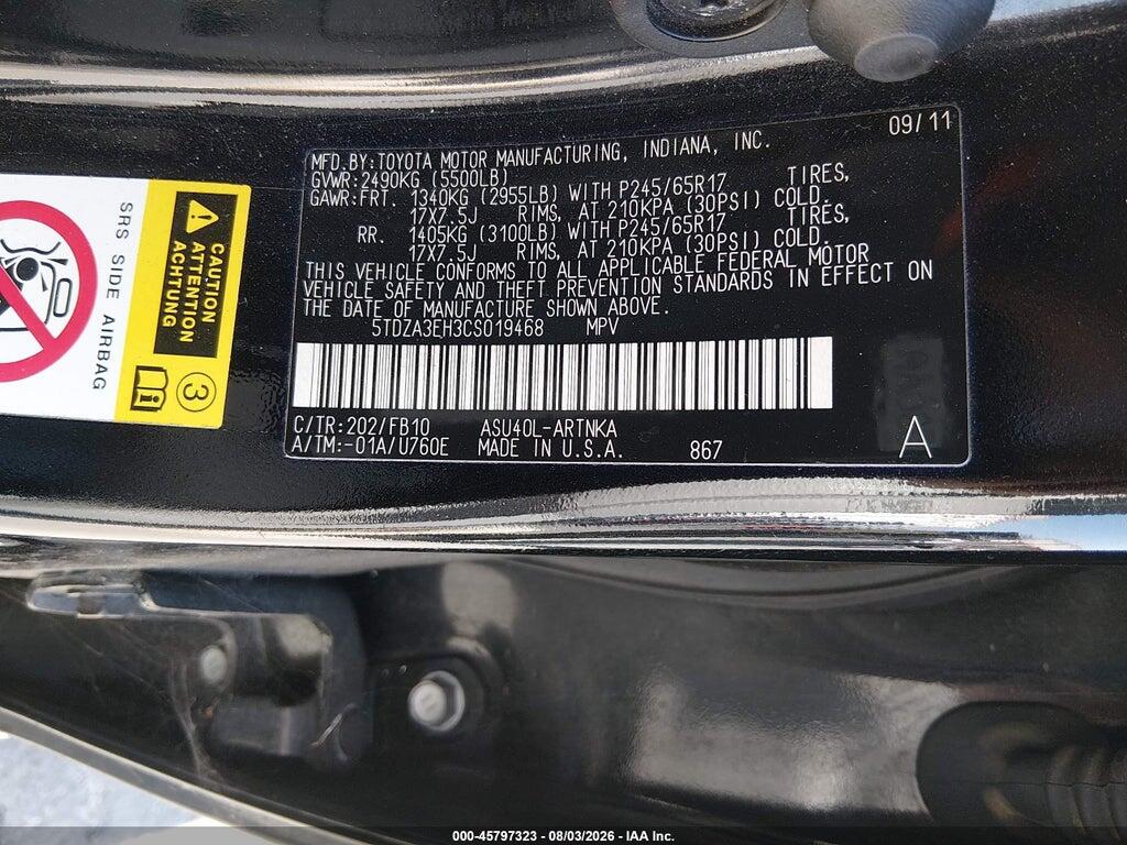 5TDZA3EH3CS019468 2012 TOYOTA HIGHLANDER photo no. 9