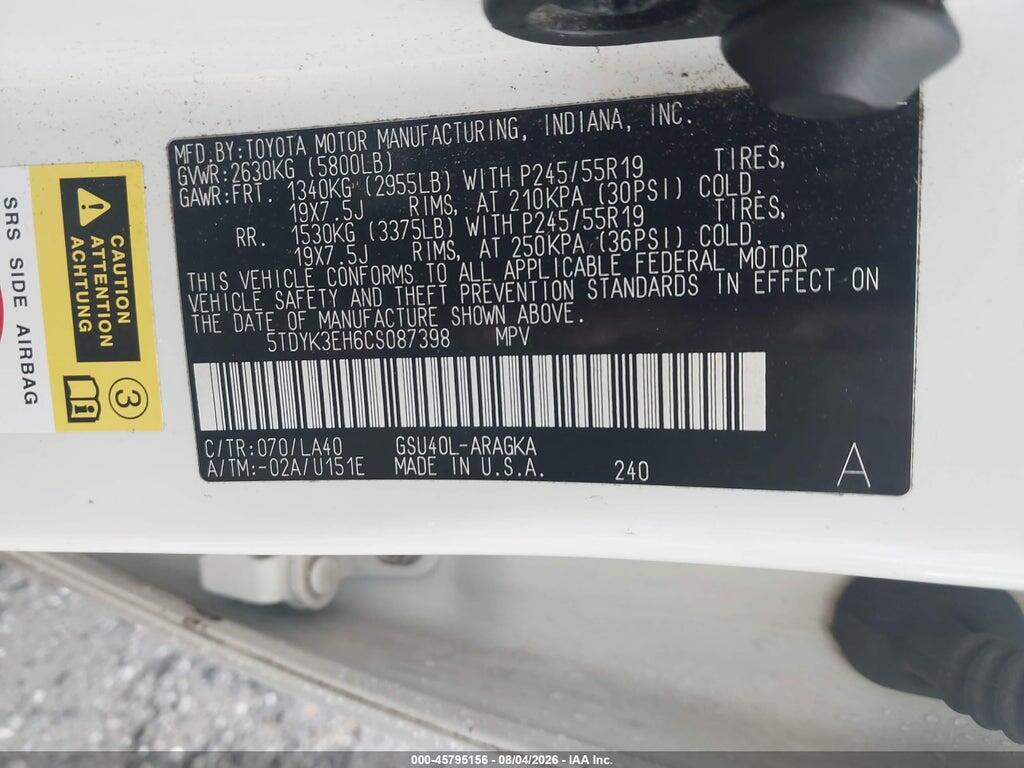 5TDYK3EH6CS087398 2012 TOYOTA HIGHLANDER photo no. 9