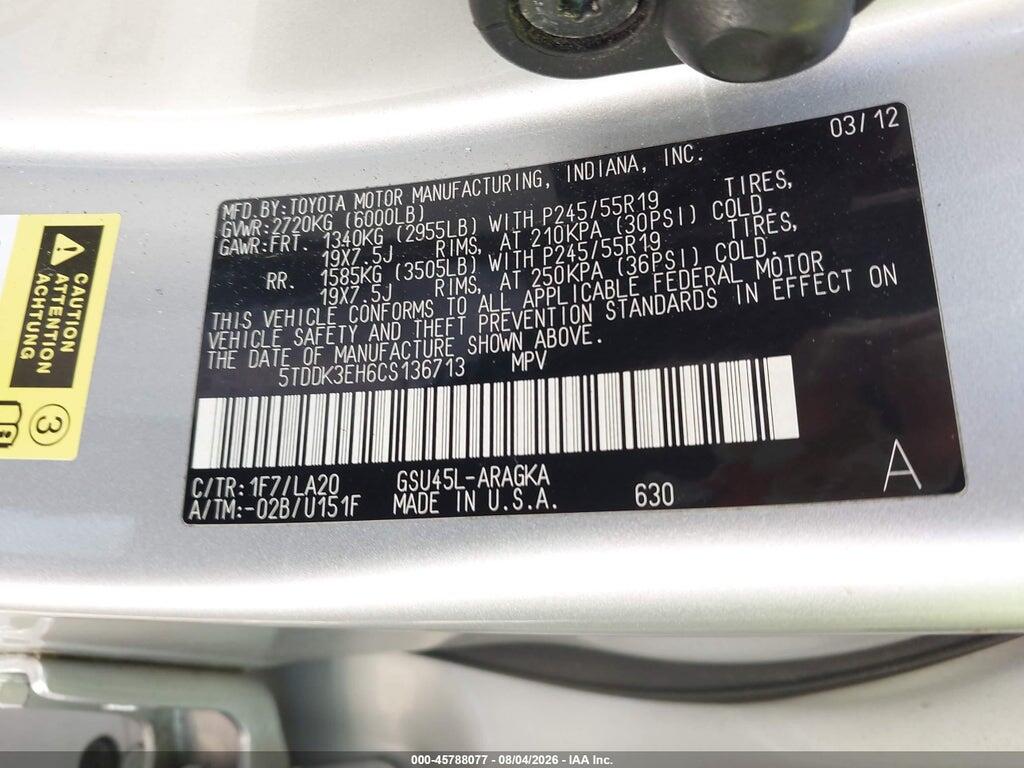 5TDDK3EH6CS136713 2012 TOYOTA HIGHLANDER photo no. 9