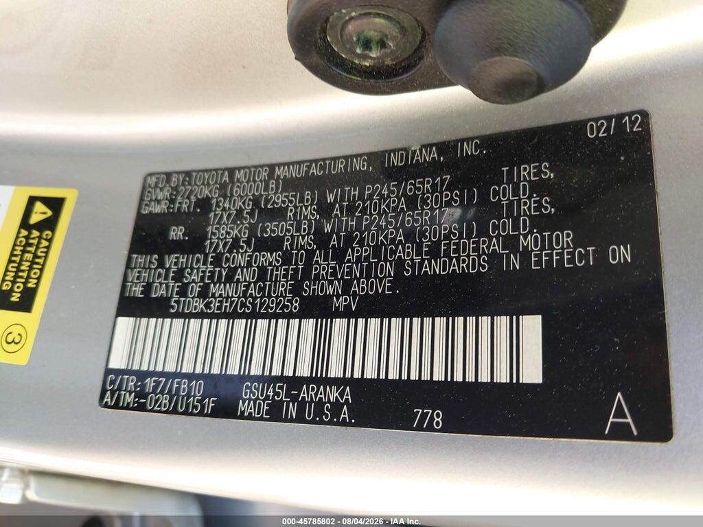 5TDBK3EH7CS129258 2012 TOYOTA HIGHLANDER photo no. 9