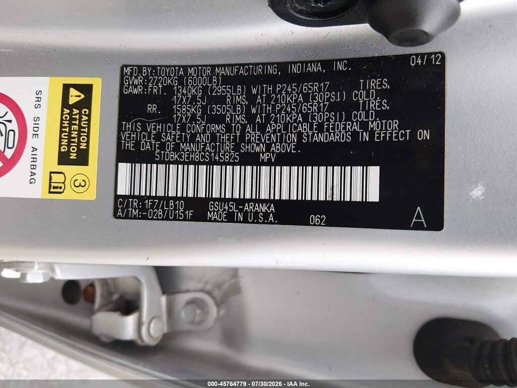 5TDBK3EH8CS145825 2012 TOYOTA HIGHLANDER photo no. 9