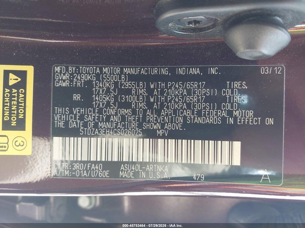 5TDZA3EH4CS026025 2012 TOYOTA HIGHLANDER photo no. 9